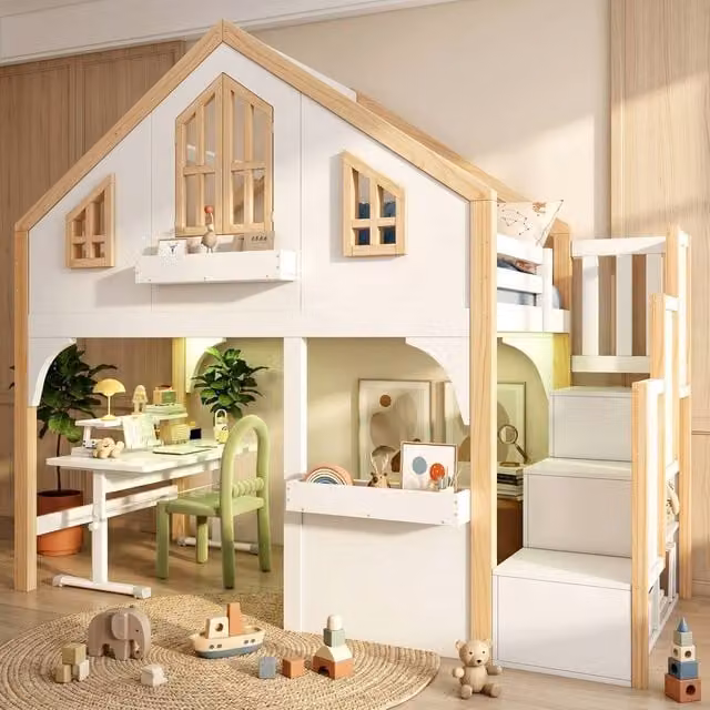 Merax White Wooden Childrens House Loft Bed with Storage Stairs and Under-Bed Lighting, W/D/H: 190 x 90 x 120 cm