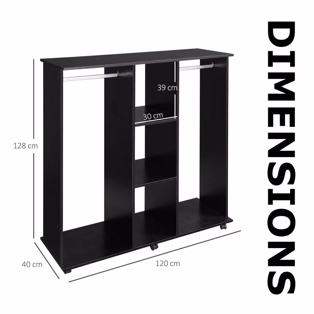 FURNOS Open Wardrobe Clothes Rail with Storage Shelves on Wheels, Black – 6