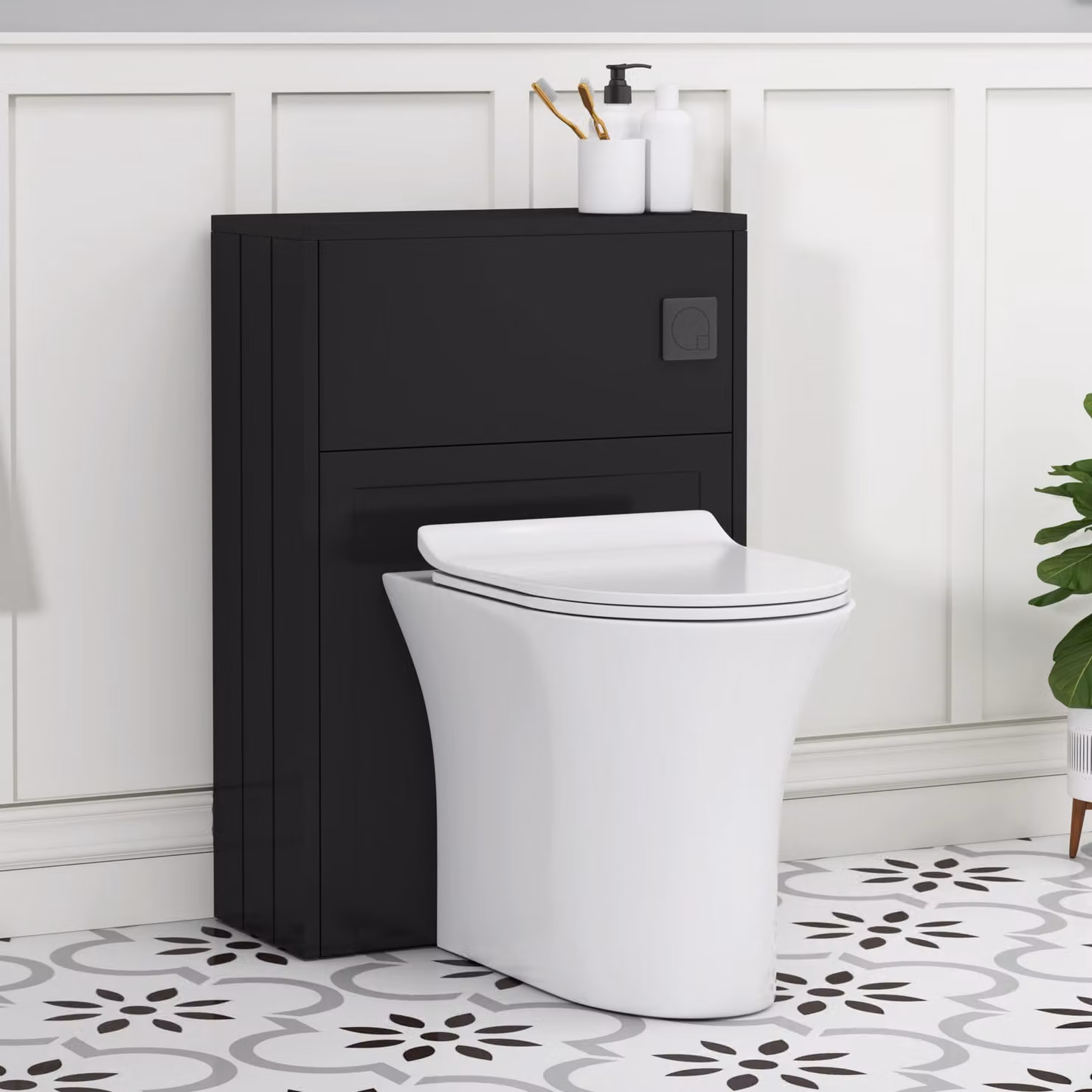 Royal Bathrooms Elmore Wall Mounted WC Unit in Matte Nocturne Black with Breeze Rimless Toilet Pan, Slim Seat and Cistern, Width: 55 cm
