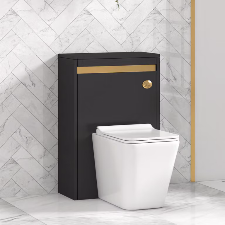 Royal Bathrooms Orion Matt Obsidian Black WC Unit with Elena Rimless Ceramic Toilet Pan, Slim Soft Close Seat and Cistern with Brushed Brass Accent Trim, W: 54 cm