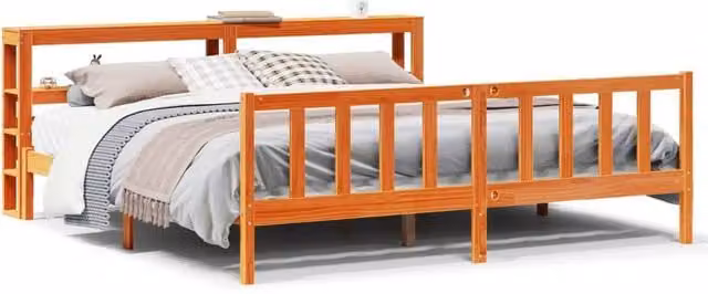 Berkfield Home Solid Pine Bed Frame with Headboard and Side Compartments in Wax Brown, 200 x 200 cm