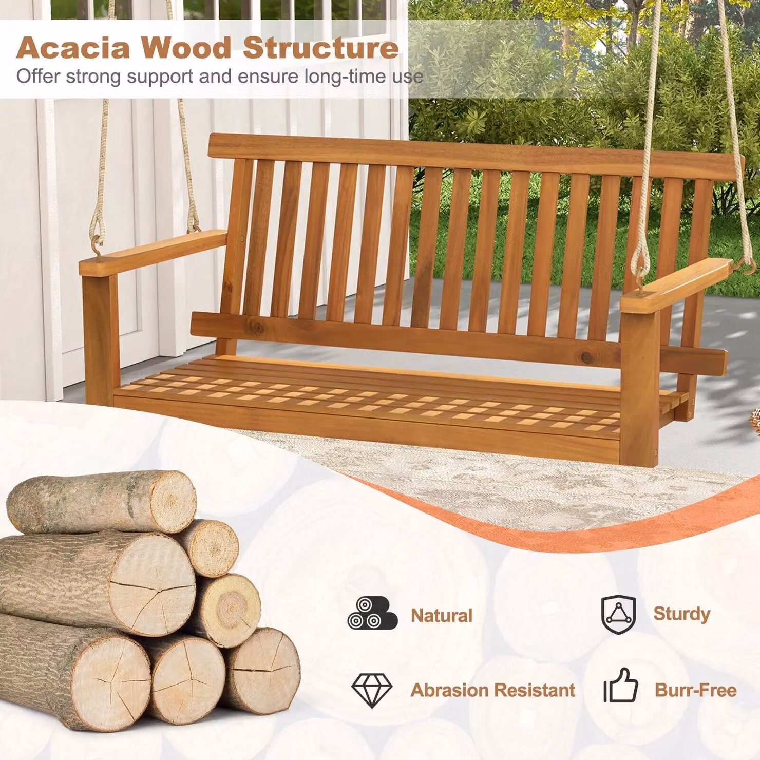 Costway Acacia Wood 2-Person Outdoor Porch Swing Hanging Chair with Backrest and Armrests in Natural Brown – 4
