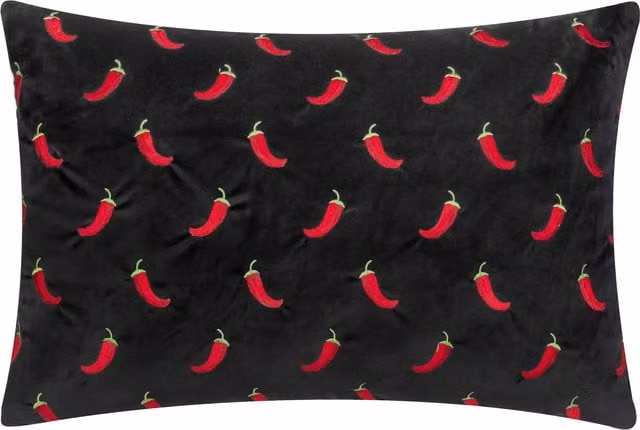 Make it a Home Chillies Embroidered Velvet Rectangular Cushion in Black and Red with Feather and Polyester Filling