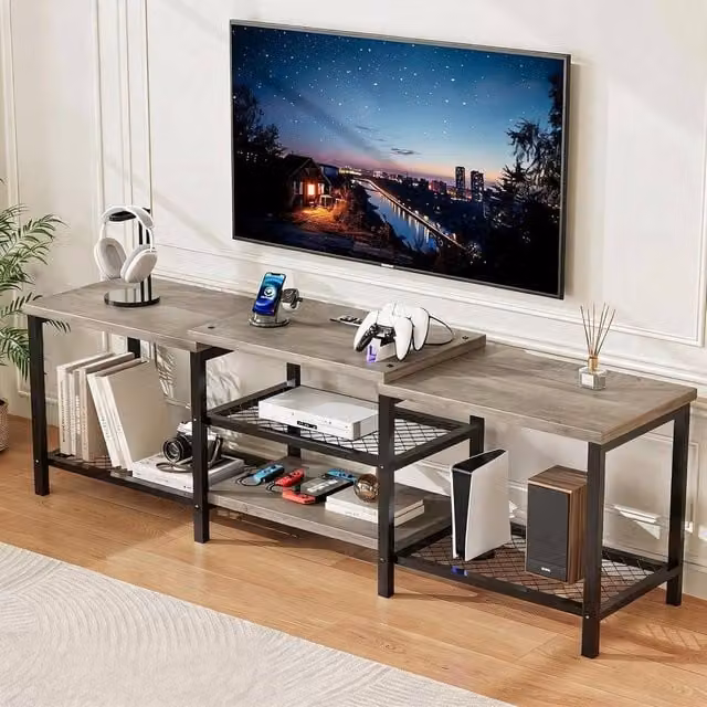 London Boutique Modern Grey and Brown Wood TV Stand with Integrated Lighting and Media Compartments for TVs Up to 75"