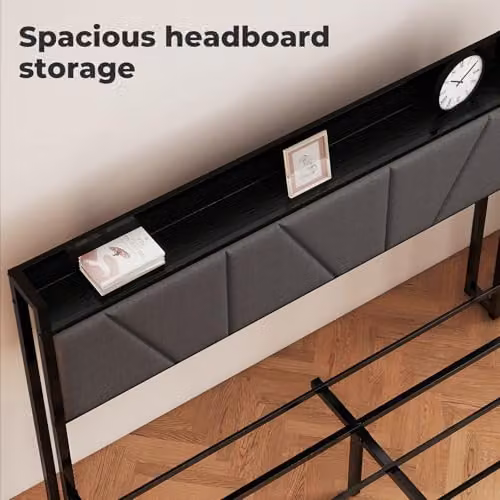 Levede Modern Upholstered Metal Bed Frame with Side Compartments and Headboard in Black, W/D/H: 140 x 200 x 135.5 cm – 6