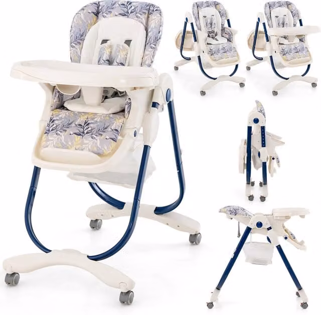 COSTWAY Folding Baby Highchair with Rolling Wheels, Blue
