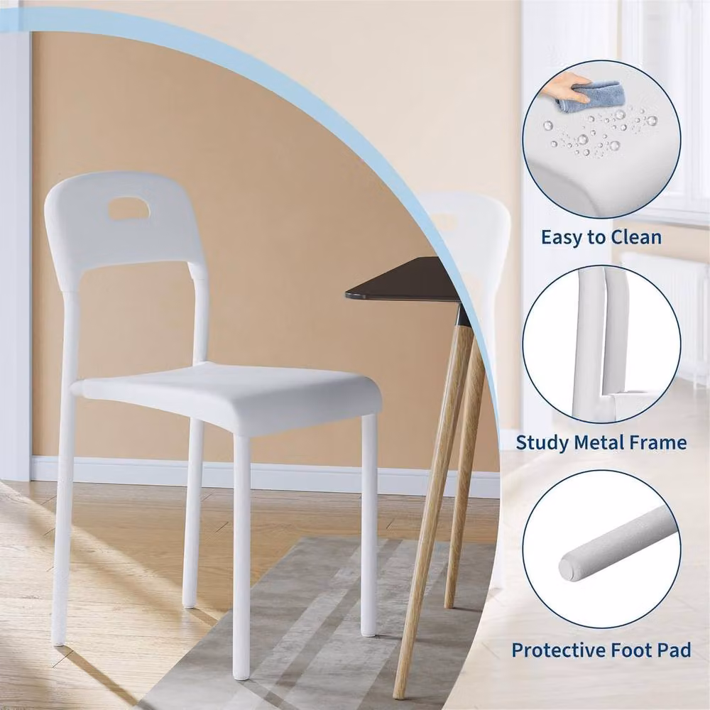 London Boutique Set of 2 Modern Stackable White Plastic and Metal Kitchen Side Chairs – 3