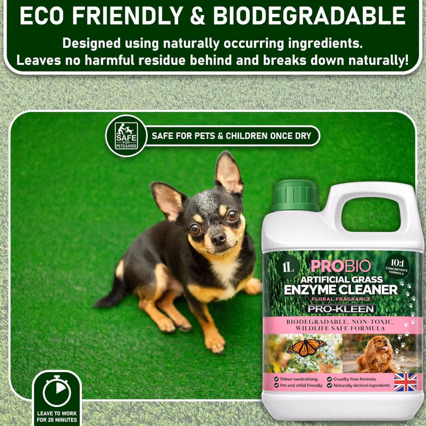 ProKleen ProBio Artificial Grass Cleaner Probiotic Based Deodoriser and Odour Eliminator, Floral Fragrance, 1 l – 3