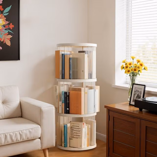 Livingandhome 3-Tier Round Rotating Plastic Bookcase in White