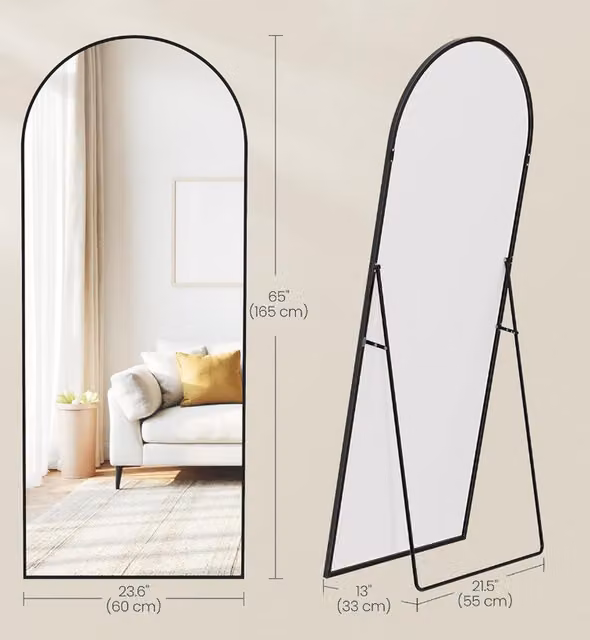 SONGMICS Arched Full Length Mirror with Stand, Black, H 165 x W 60 cm
