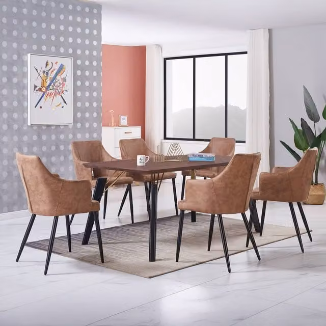 Life Interiors Zarah Cosmo LUX Modern Rectangular Dining Set with 6 Faux Leather Chairs in Beige