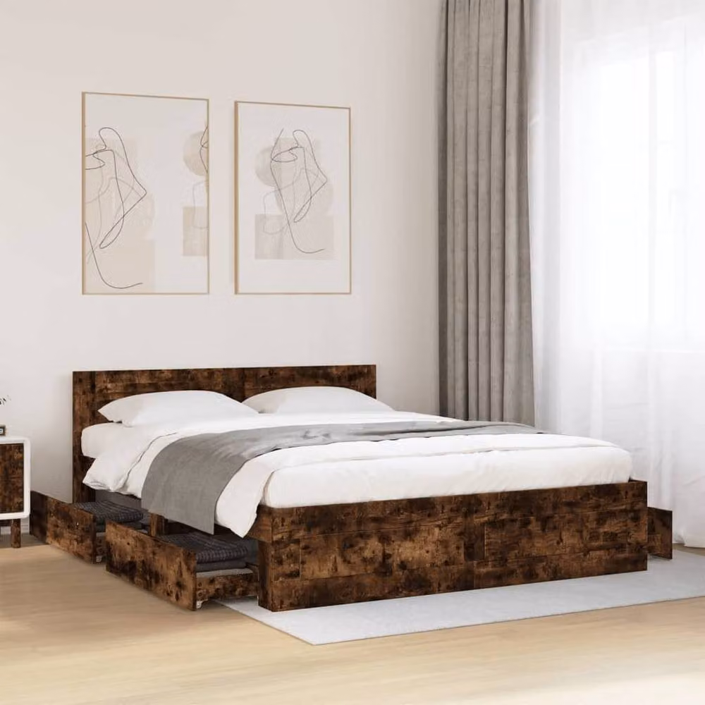 Berkfield Home Bed Frame with Headboard in Smoked Oak Brown, W: 160 cm, D: 200 cm – 2
