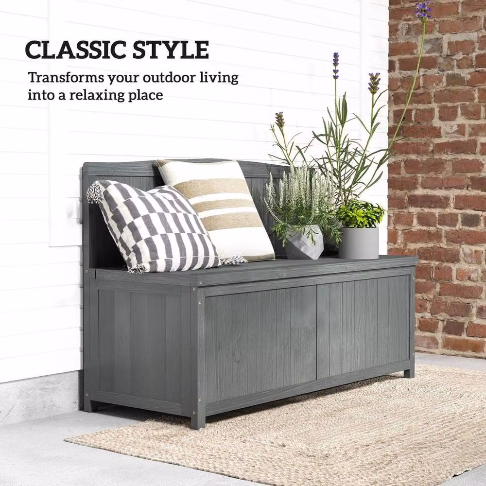 FLAVORA Grey Lacquered Wood Outdoor Storage Bench for Garden and Terrace, W: 100 cm, D: 50 cm, H: 50 cm – 3