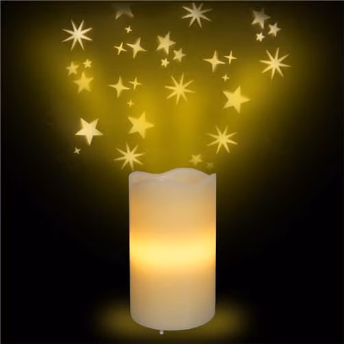 St Helens Home & Garden Flameless Artificial Candle with White Star Projector Lights, Beige and White, H: 16 cm, W: 8 cm, D: 8 cm – 2