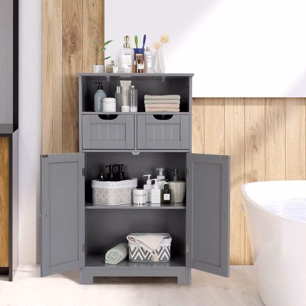 Kelvenix Grey Wooden Double Door Bathroom Cabinet with Internal Shelves and Drawers – 3