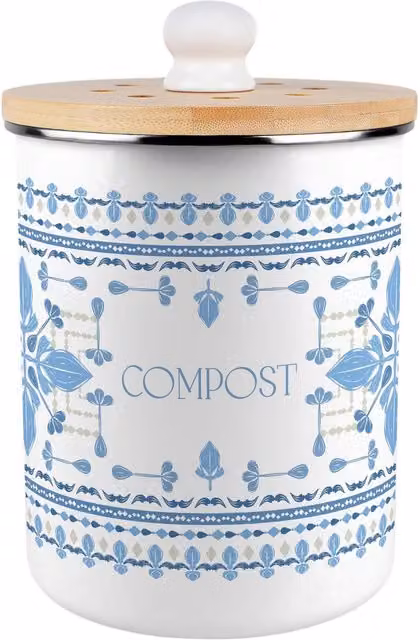 Purely Home Blue Folk Tile Metal Compost Caddy with Flip Lid, 2L