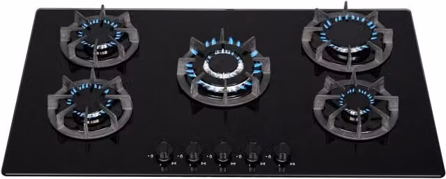 SIA BGH90BL Black 5 Burner Gas On Glass Built-in Hob with Cast Iron Supports and LPG Kit, Width: 90 cm