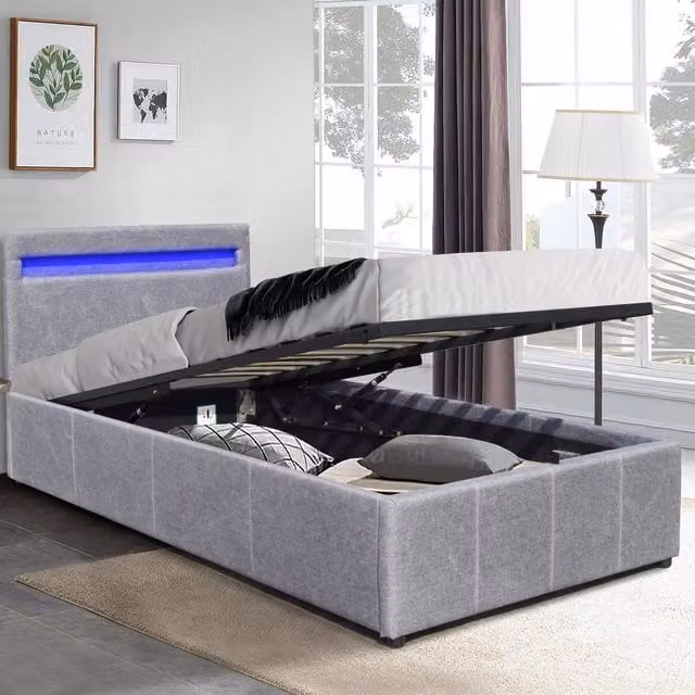 Comfy Living Modern Upholstered Gas Lift Ottoman Bed Frame with LED Under-bed Lighting, Grey, 90 x 190 cm