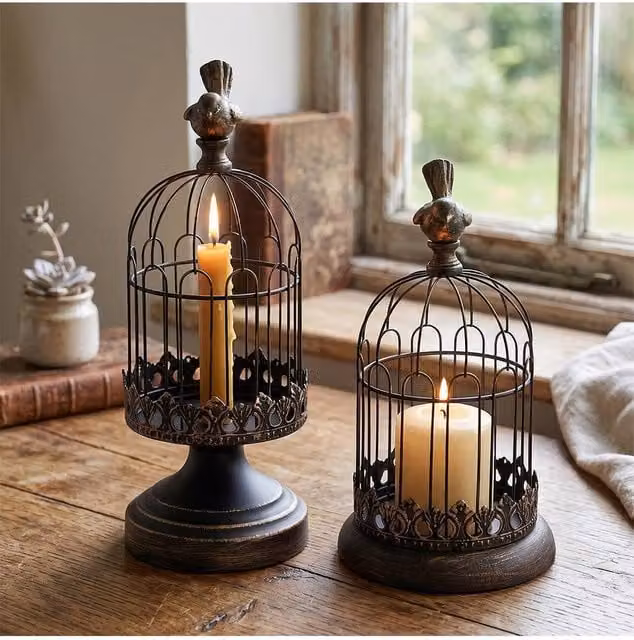 Living and Home Set of 2 Vintage-Style Metal Birdcage Candle Holders in Black