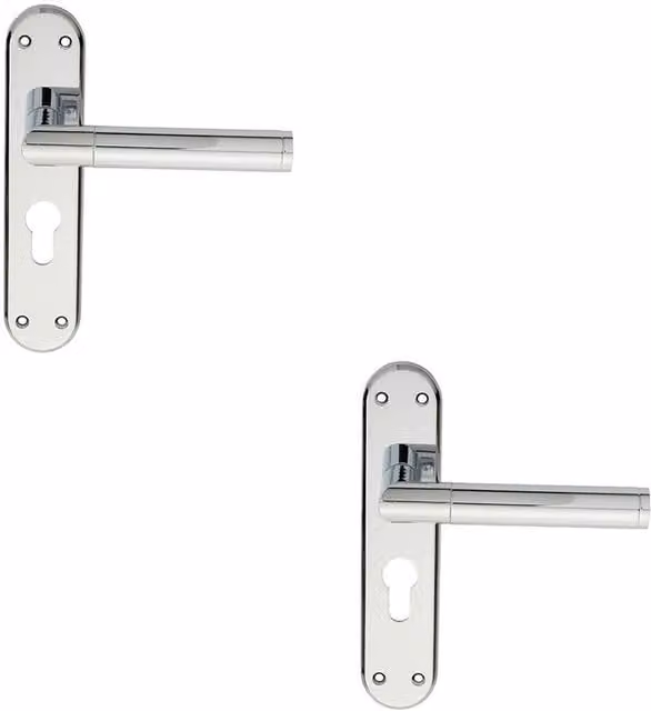 Loops 2x Round Bar Lever on Euro Lock Backplate Door Handle in Polished Chrome, W: 180 mm, H: 40 mm