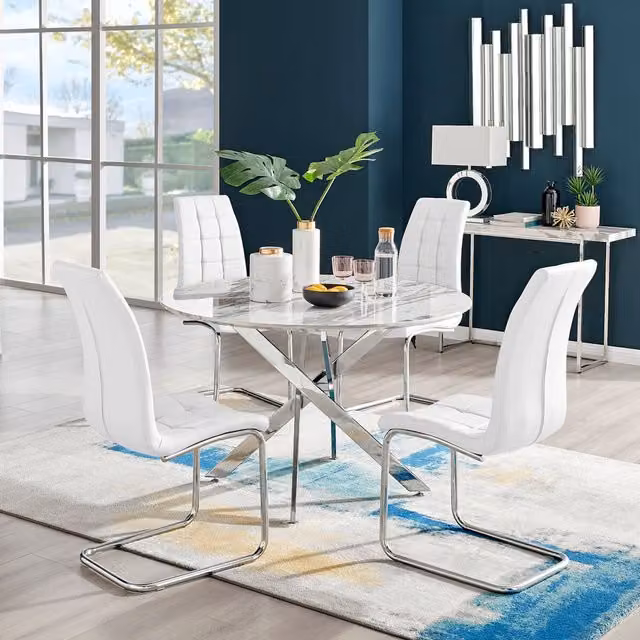 FurnitureboxUK Novara White Marble Effect Round Dining Table and 4 Murmur Chairs Set, White and Silver