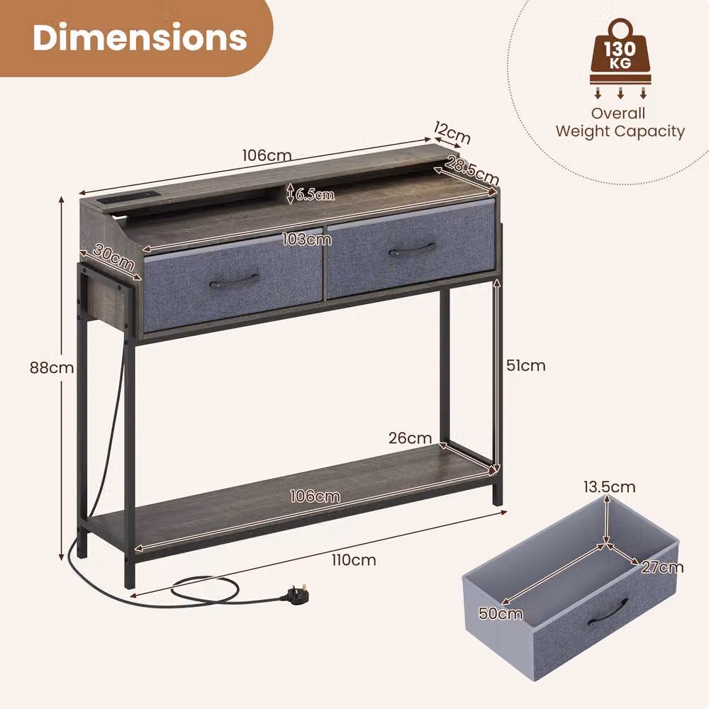 Costway Grey Industrial Console Table with Charging Station and Shelves – 2