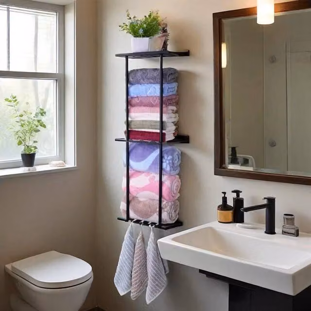 EONLION Black Metal Wall Mounted Towel Rack and Storage Shelf Holder