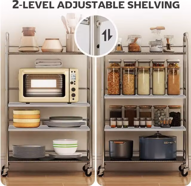 HOMCOM 3 Tier Stainless Steel Kitchen Trolley with Castors, Silver, W: 100 cm