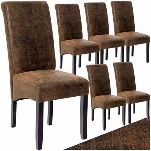 tectake Set of 6 Dining Chairs with Synthetic Leather and Wood Legs in Brown – 1