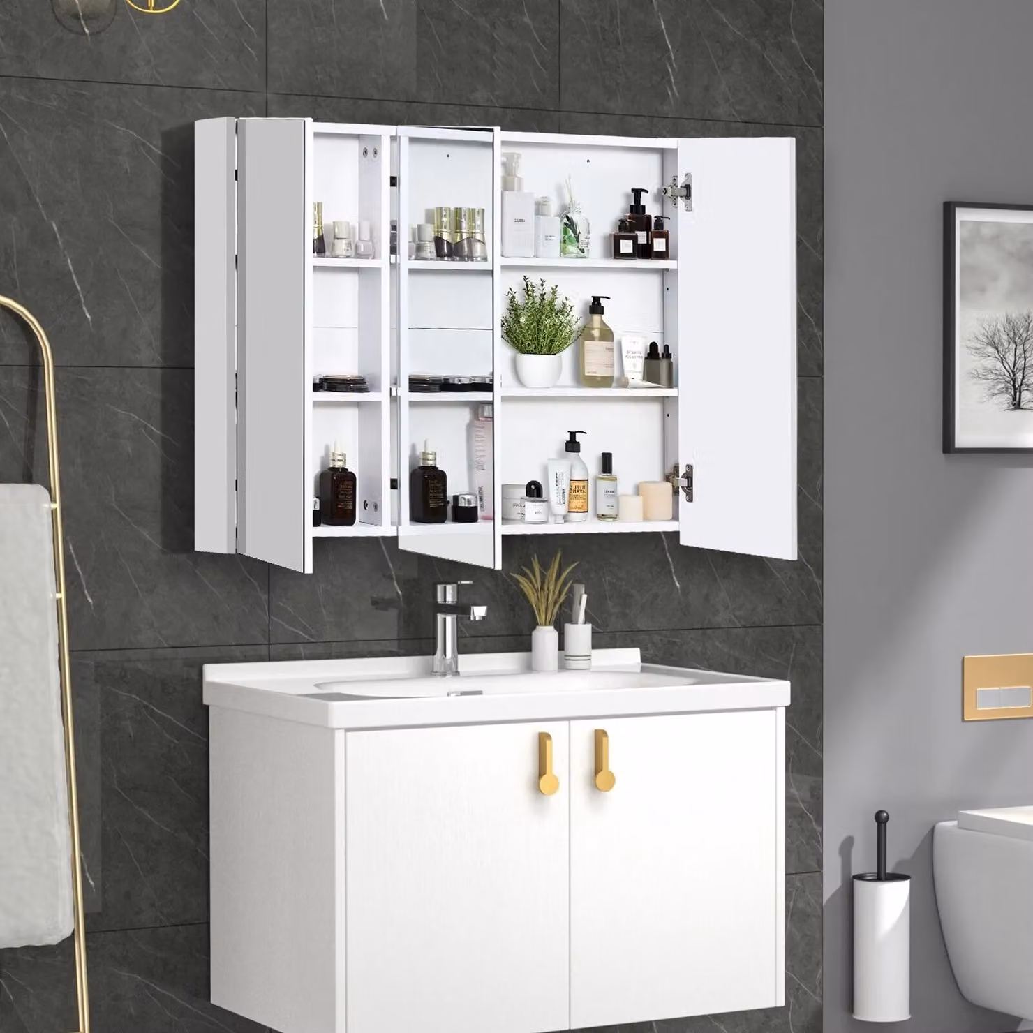 Costway Frameless Wall Mounted Bathroom Mirror Cabinet with 3 Hinged Doors in White – 3