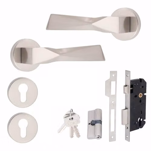 Golden Grace Modern Aura Euro Lock Door Handles in Brushed Silver with Key Lock Set – 1