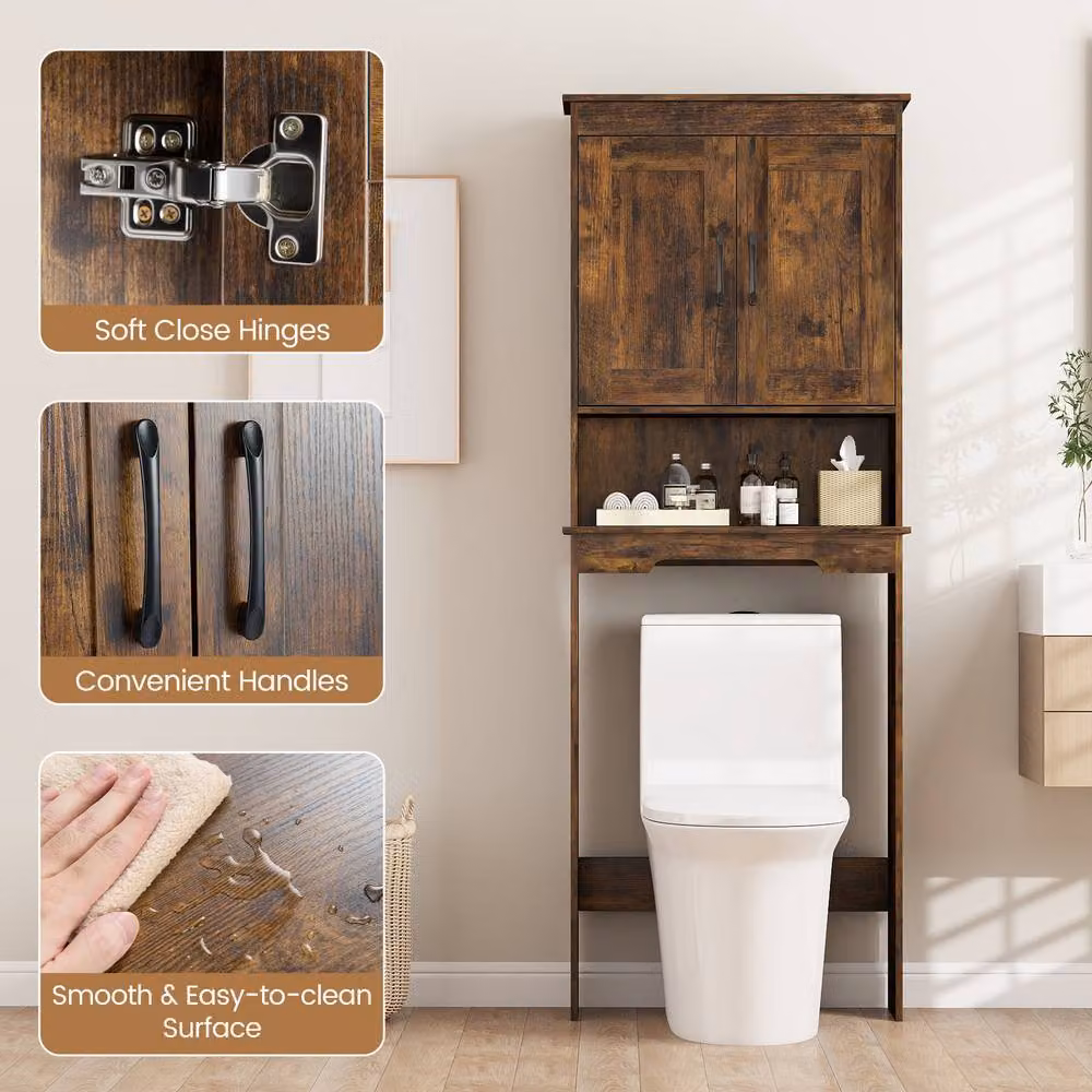 Costway Freestanding Over The Toilet Storage Cabinet with Hinged Doors and Open Shelf in Brown Rustic Wood – 6