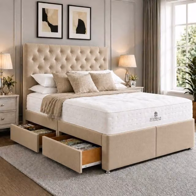 K Mehmood Enterprise Ltd Modern Upholstered Fabric Divan Bed with Headboard and Storage Drawers in Beige