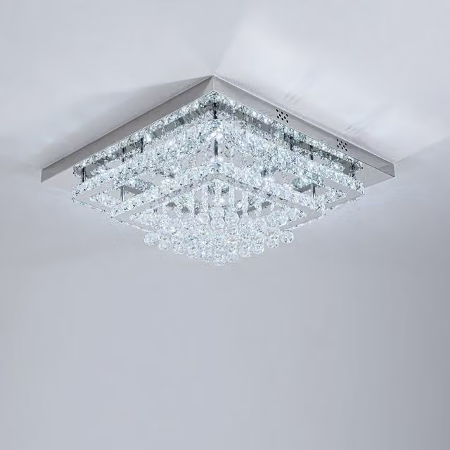 Living Star Modern Square Crystal LED Flush Mount Ceiling Light in Silver and Transparent, W/D/H: 60 x 60 x 20 cm