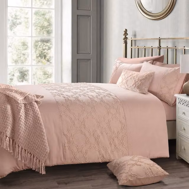 Velosso Shabby Chic Tuft Panel Duvet Set and Pillowcase in Pink, W: 180 cm, L: 200 cm