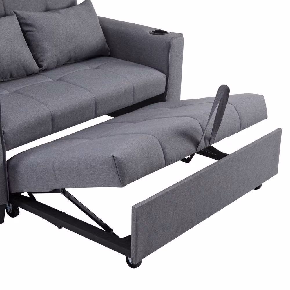 Merax 2-Seater Convertible Pull-Out Sofa Bed with Cup Holders and Scatter Cushions in Grey – 8