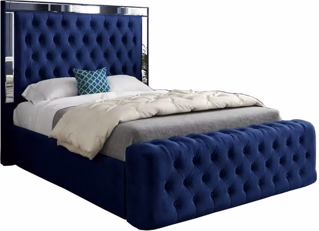 KDMD Gemia Blue Velvet Upholstered Designer Bed Frame with Silver Mirror Details W/D/H: 120 x 200 cm