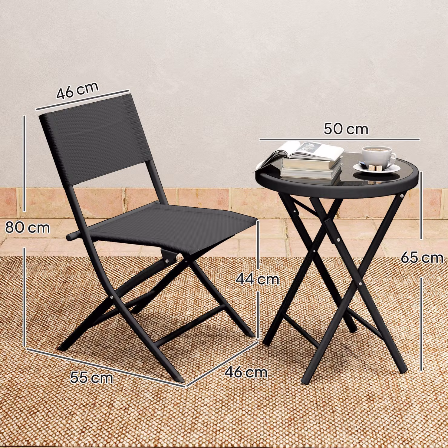Outsunny 3 Piece Outdoor Bistro Set with Round Glass Top Table and 2 Folding Chairs in Black – 3