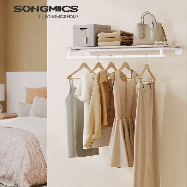 SONGMICS Wall Mounted Clothing Rack in Beige and White