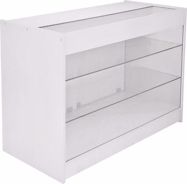 Monstershop K1200 Retail Product Display Cabinet in White with Sliding Glass Doors and Internal Shelves