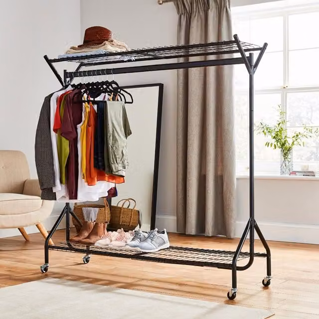 House of Home Heavy Duty Metal Clothing Rail with Shelves and Wheels in Matt Black, W/H: 152.4 x 121.92 cm
