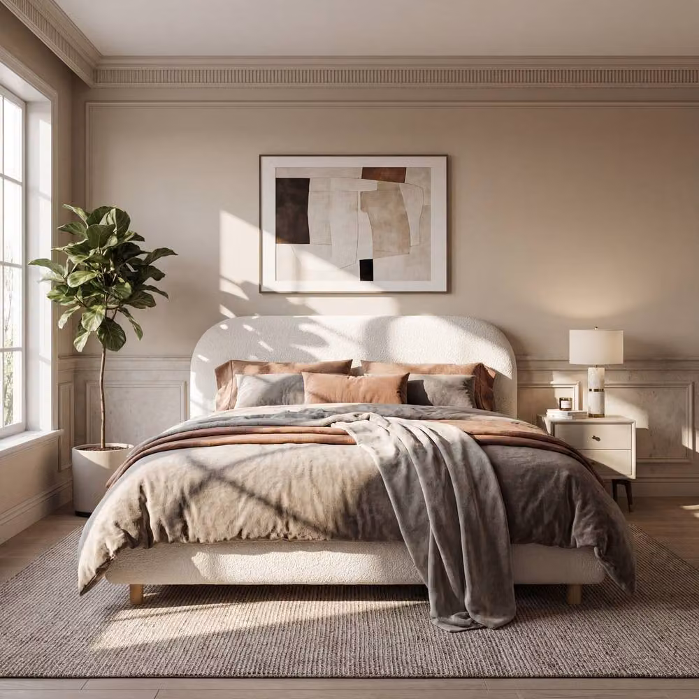 ModernLuxe Double Upholstered Ottoman Bed Frame with Arched Headboard in White Bouclé Fabric, W/D/H: 140 x 200 cm – 3