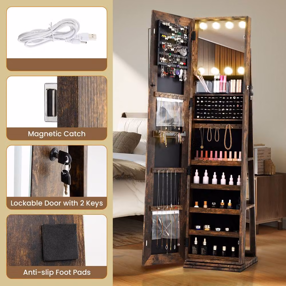 Costway 360 Swivel Freestanding Jewelry Cabinet and Storage Organiser in Brown with LED Lighting and Mirror – 7