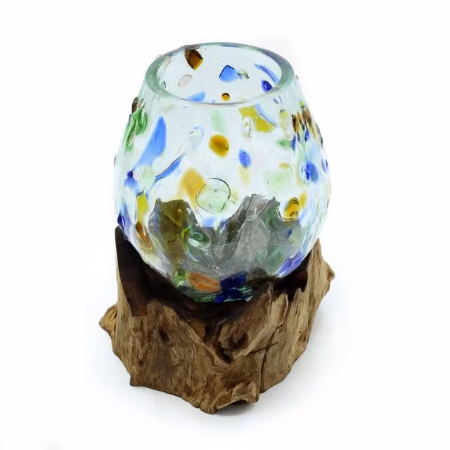 KDMK Handcrafted Round Multicolour Molten Glass and Wood Decorative Tabletop Bowl