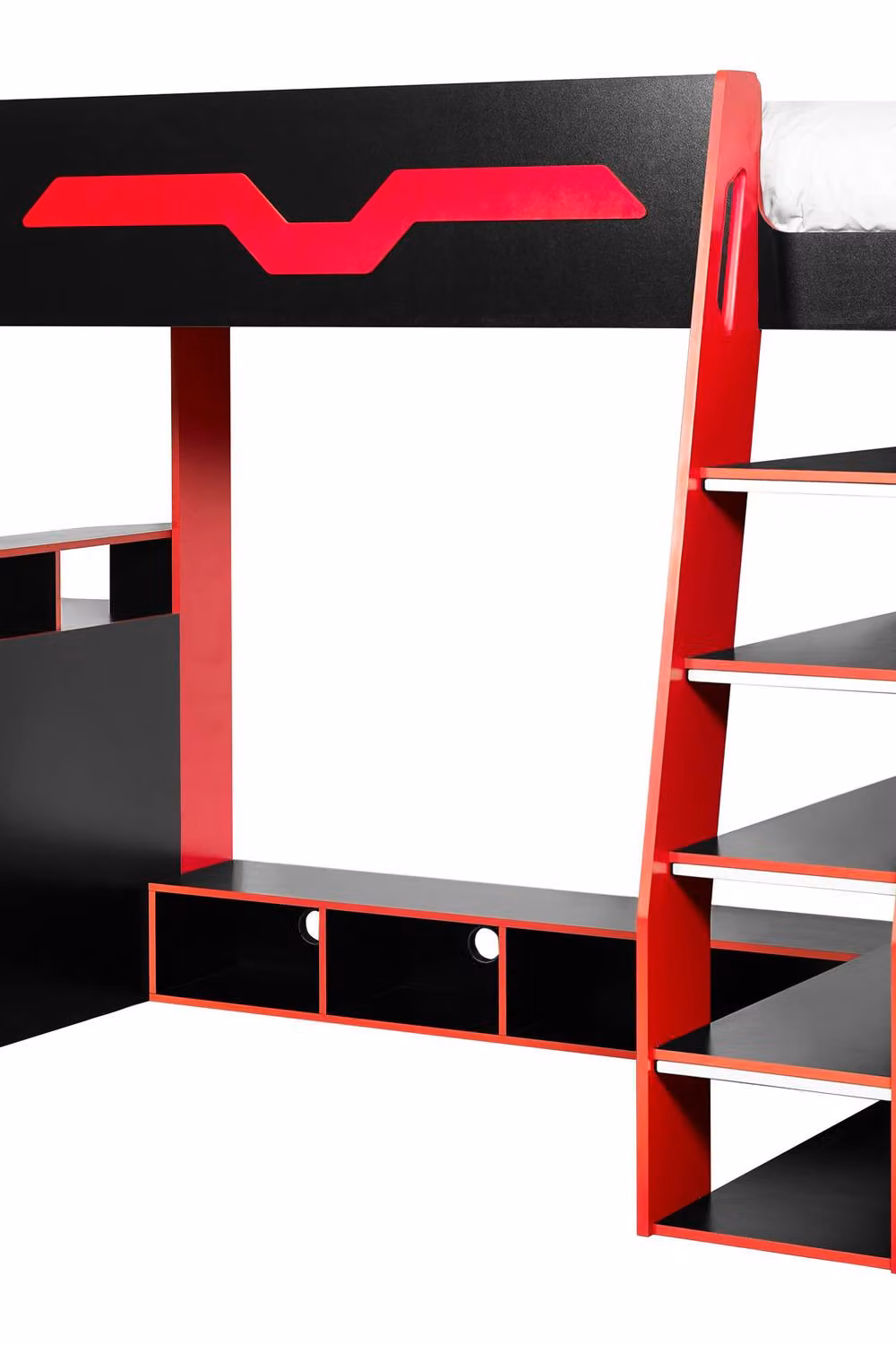 Julian Bowen Eagle Single Black and Red Wooden Gaming Highsleeper Loft Bed with Stairs and Side Compartments W/D/H: 90 x 190 x 172 cm – 4