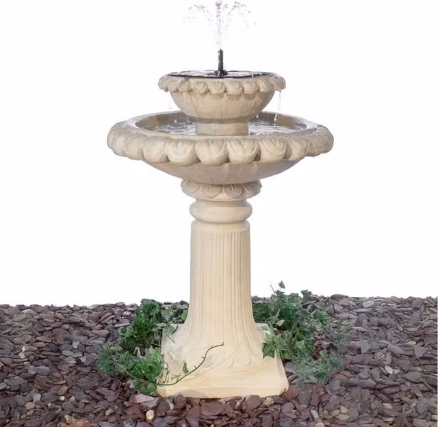 Primrose Victoriana Solar Powered Round Cast Stone Bird Bath Fountain in Yellow and Beige
