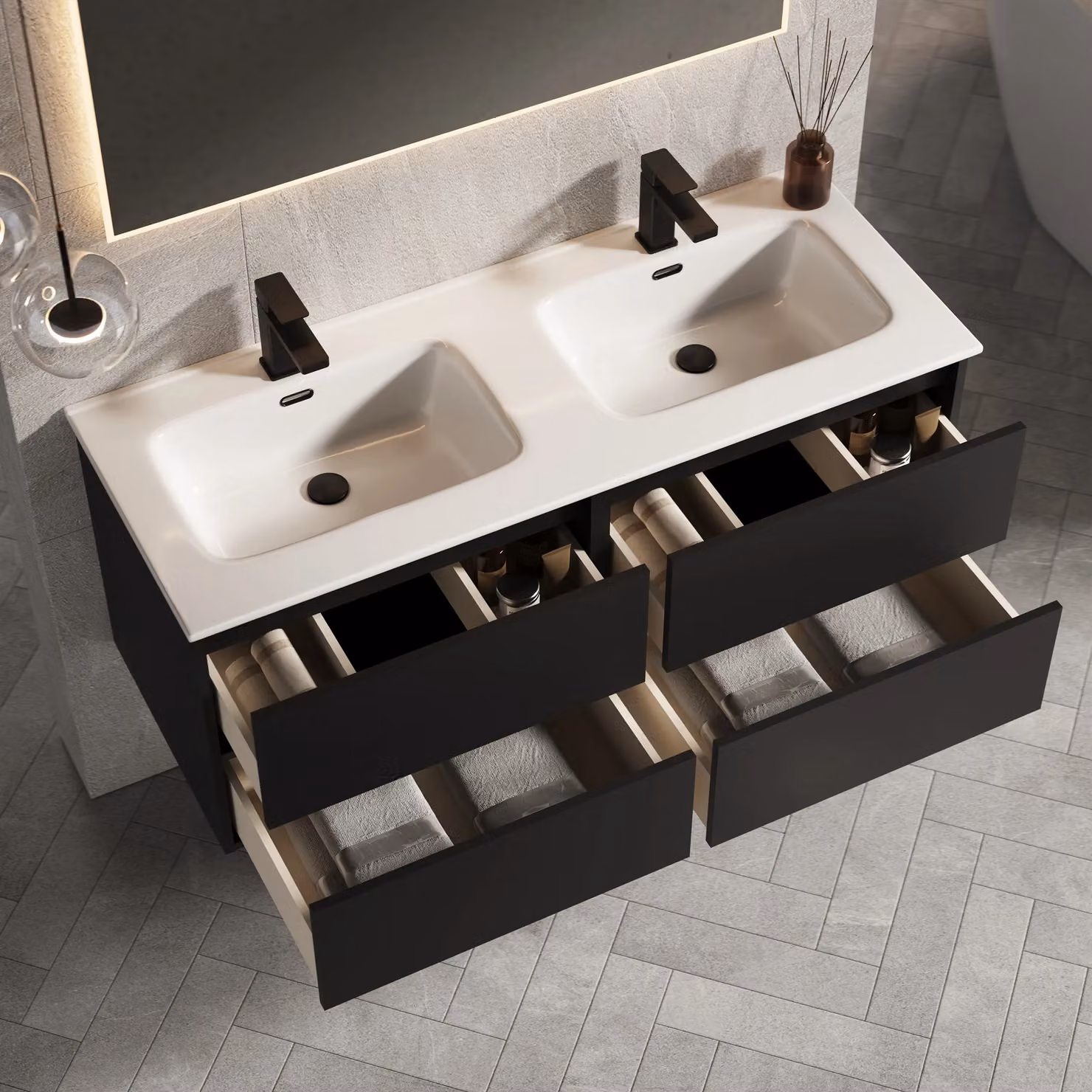 Banyetti Venti Wall Hung Vanity Unit with Athena Basin, Matt Black, W: 120 cm, D: 45 cm, H: 48 cm – 3