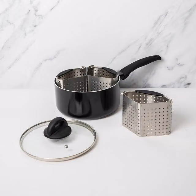 MasterClass Ceramic Non-Stick Eco Saucepan with Glass Lid and 3 Steel Divider Baskets, Black, Diameter: 20 cm