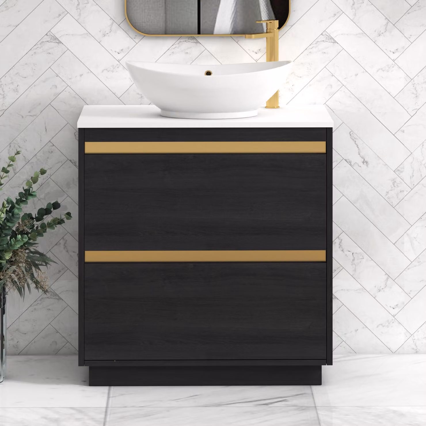 Royal Bathrooms Orion 800mm Hale Black and White Floor Standing Vanity Unit with Amaze Basin and Brushed Brass Accent Trim