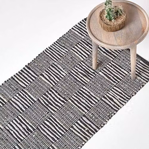 HOMESCAPES Black and White Genuine Leather Hall Runner, Handwoven Striped Block Check Rug with Fringes, W/D/H: 66 x 200 cm